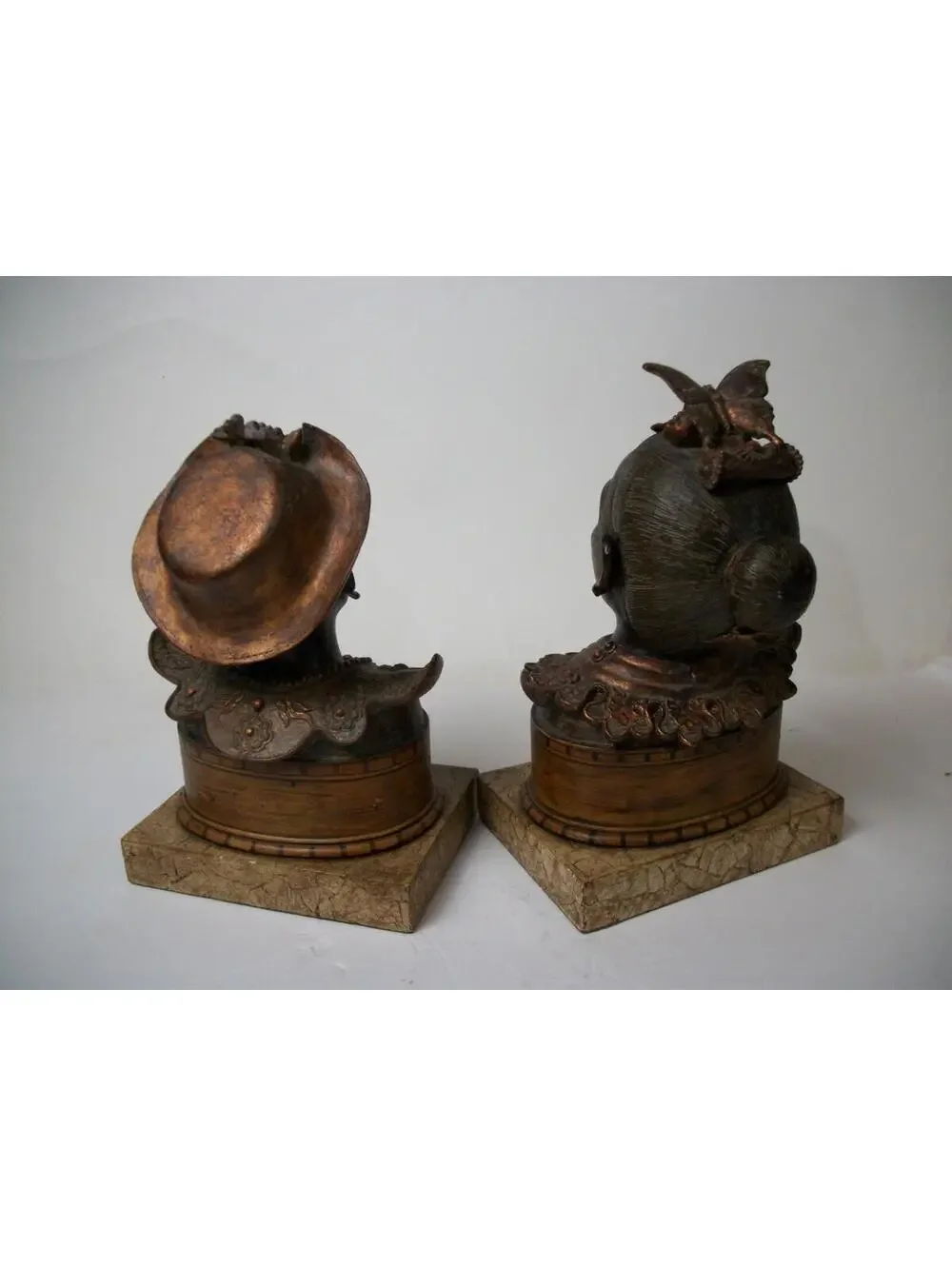 2) Antique Chinoiserie-style Mandarin and Queen jeweled glass eyed Sculptures